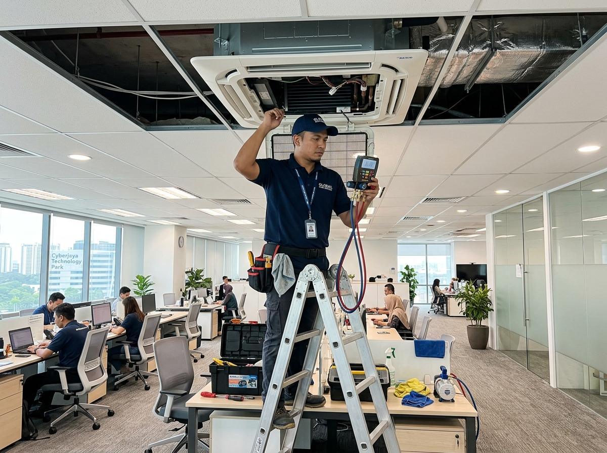Boss Aircond technician servicing a 4-way ceiling cassette in a Bangi corporate tech office