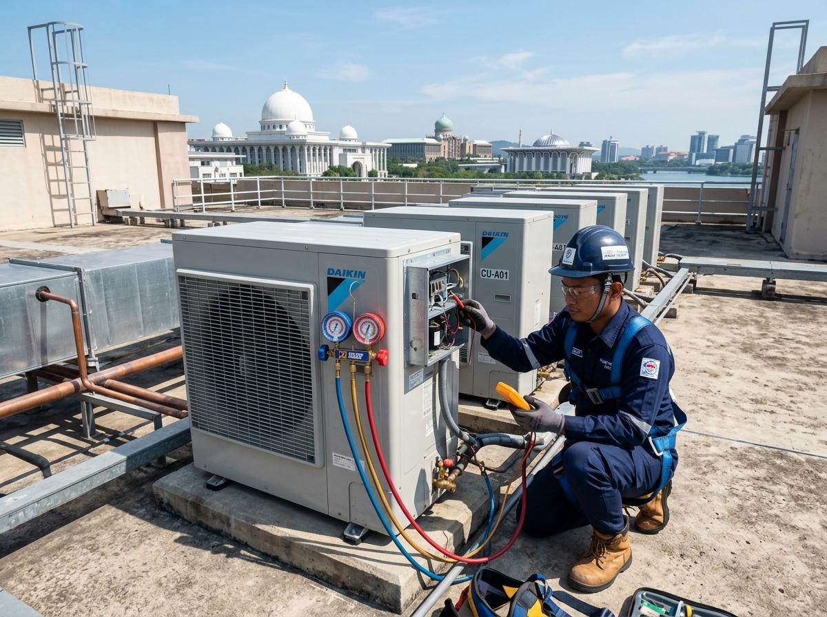 Boss Aircond certified technician checking commercial rooftop aircon condenser fleet in Bangi